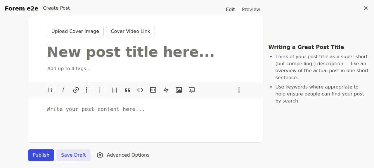 The Forem Create Post editor after signing in as the admin