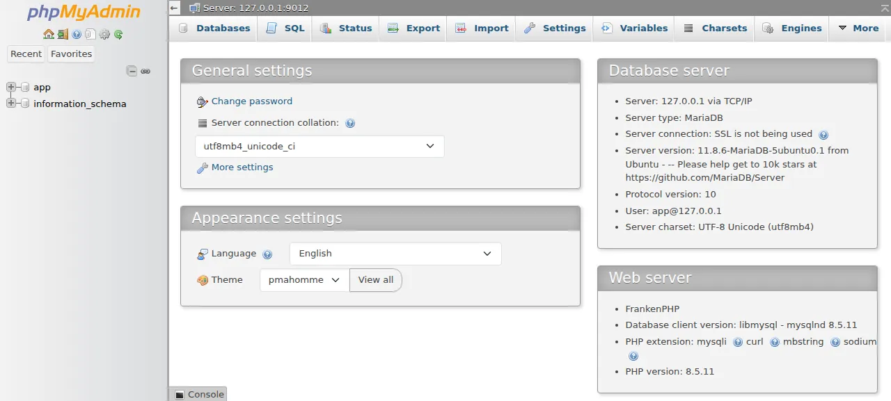 The phpMyAdmin home after logging in, connected to the local MariaDB