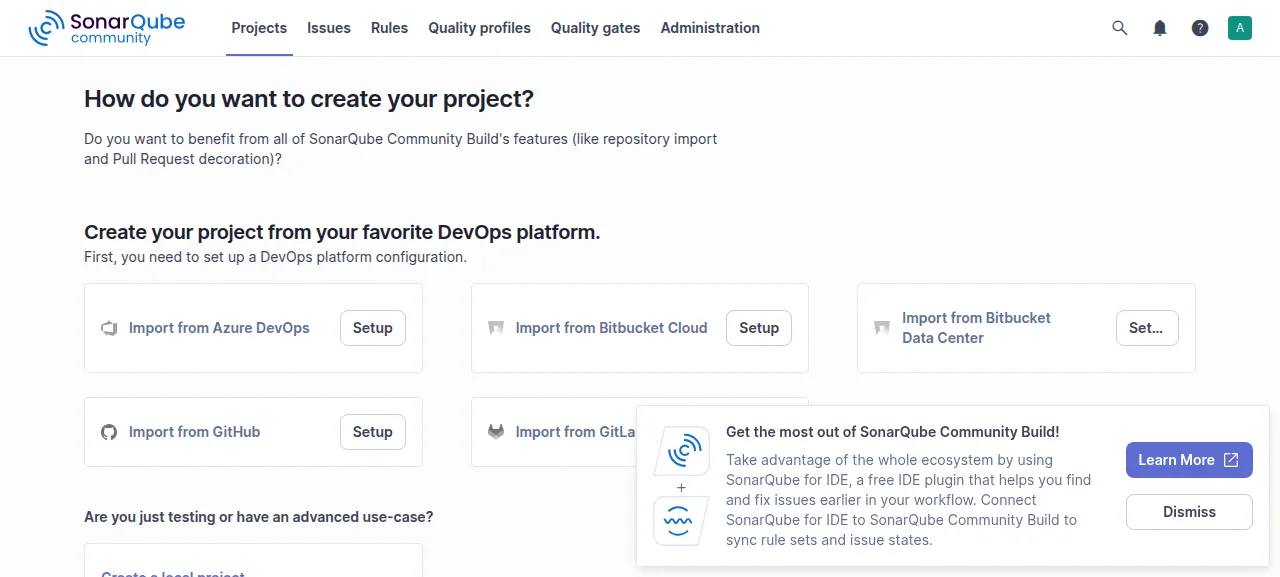 SonarQube's create a project page after logging in